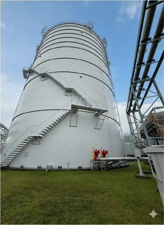 白い円筒形の大型水処理タンクと螺旋階段